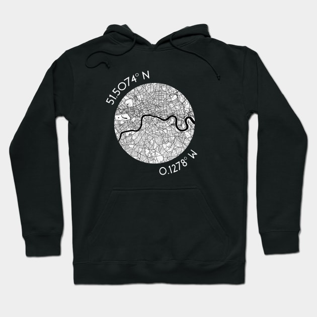 London Coordinates (latitude and longitude) in white text around map of London Hoodie by AtlasMirabilis